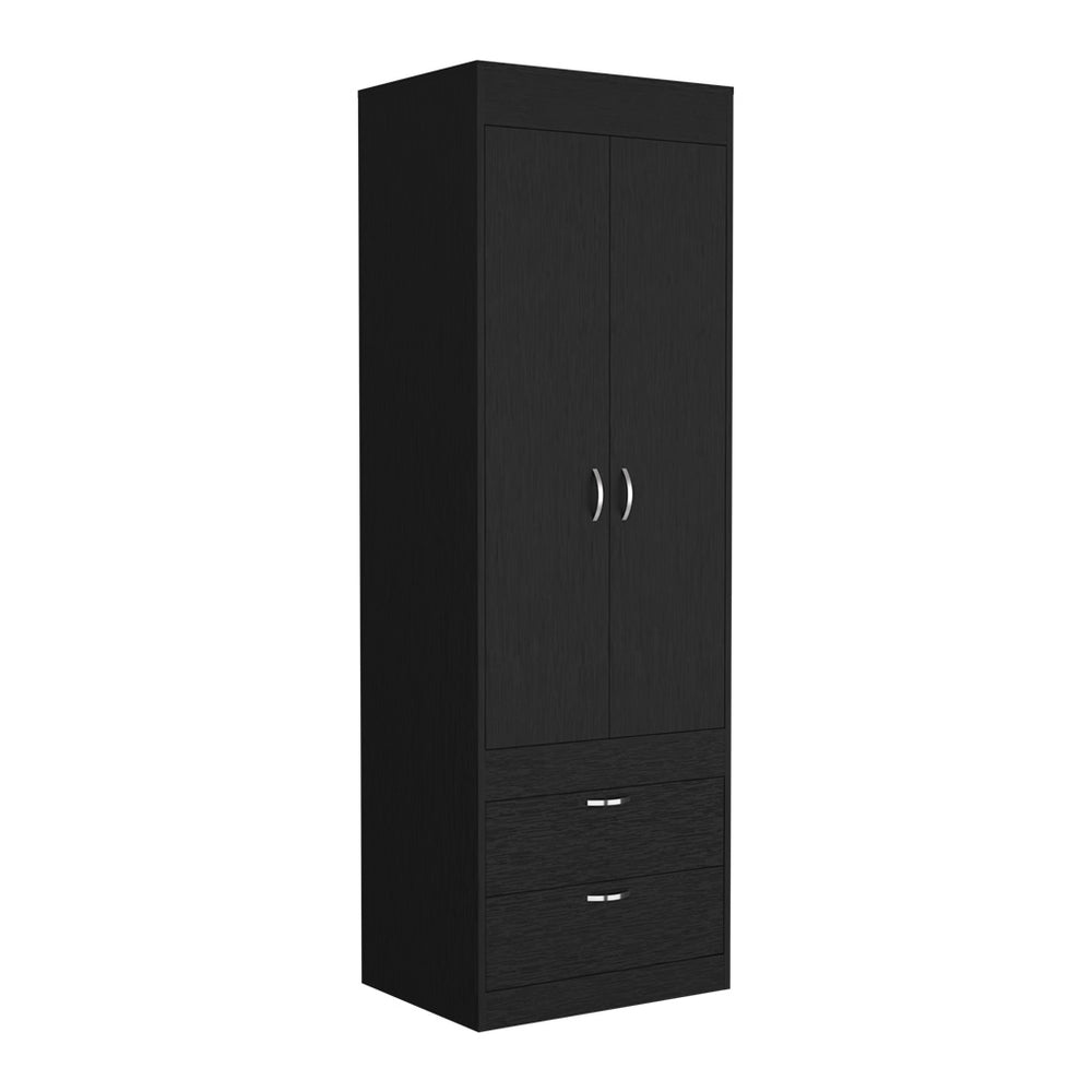 English Elm Armoire Tarento Spacious Double-Door Cabinet with Hanging Rod and Two Deep Drawers, Durable Particleboard Storage and Easy Assembly, Perfect for Bedroom Organization Black B092123085
