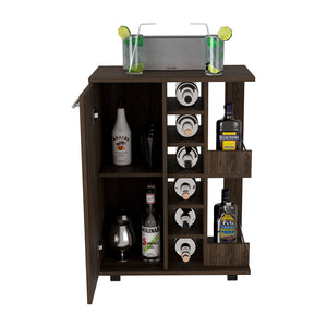 English Elm Bar Cart Wells with Locking Casters, Enclosed Cabinet, Bottle Shelves & Six Cubbies for Storage Walnut B092123285