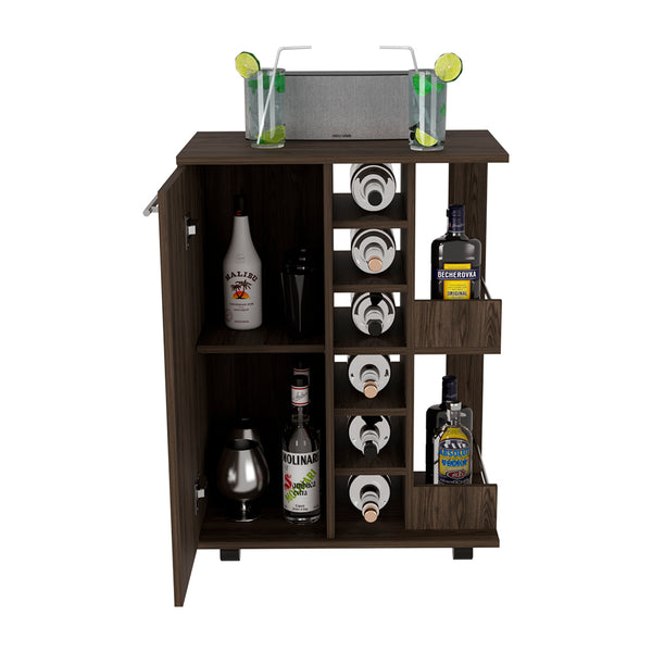 English Elm Bar Cart Wells with Locking Casters, Enclosed Cabinet, Bottle Shelves & Six Cubbies for Storage Walnut B092123285