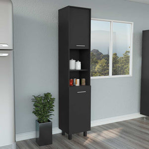 English Elm Pantry Almada Tall Storage Cabinet with 3 Shelves, Chrome Handles, Adjustable Metal Legs, Durable Engineered Particleboard Black B092122844