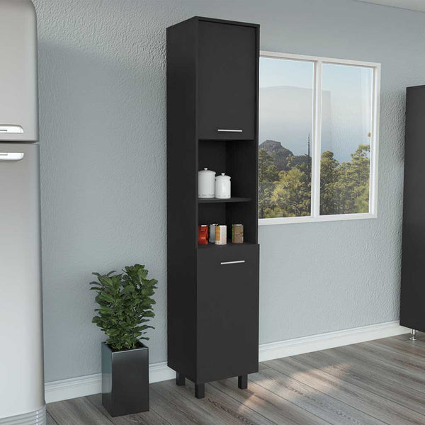 English Elm Pantry Almada Tall Storage Cabinet with 3 Shelves, Chrome Handles, Adjustable Metal Legs, Durable Engineered Particleboard Black B092122844