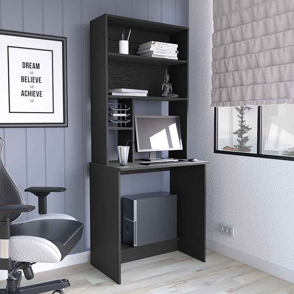 English Elm Computer Desk Monroe: Stylish Black Wenge Finish, Compact Design With Four Shelves & Footrest B092123014
