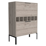 English Elm Bar Cabinet Puertu, Six Wine Cubbies, Double Door Cabinet, Light Gray Finish