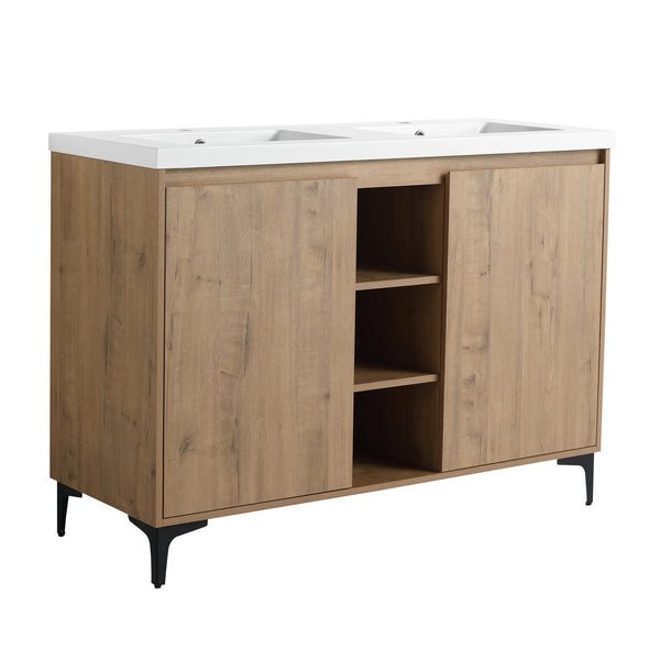 English Elm 48" Freestanding Bathroom Vanity Double Sink with Soft-Close Doors, Resin Twin Basins, Water-Resist Ply W999S00104