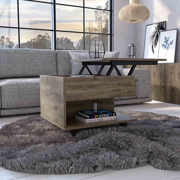 English Elm Lift Top Coffee Table Mercuri with Hidden Storage and Locking Casters, Durable Particleboard Design Dark Brown B092123005