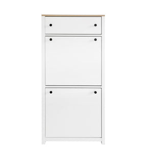 English Elm On-trend Slim Flip Drawer Shoe Cabinet Wood Grain Top Entryway Storage Modern White SD000023AAK