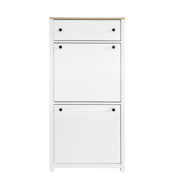 English Elm On-trend Slim Flip Drawer Shoe Cabinet Wood Grain Top Entryway Storage Modern White SD000023AAK
