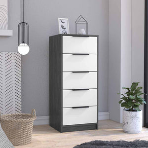 English Elm 5 Drawers Dresser - Modern Smokey Oak & White Storage Solution With Metal Handles For Compact Spaces B092122997
