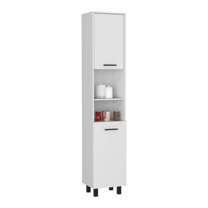 English Elm Pantry Almada Tall Storage Cabinet with 3 Shelves, Chrome Handles, Adjustable Metal Legs, Durable Engineered Particleboard White B092122845