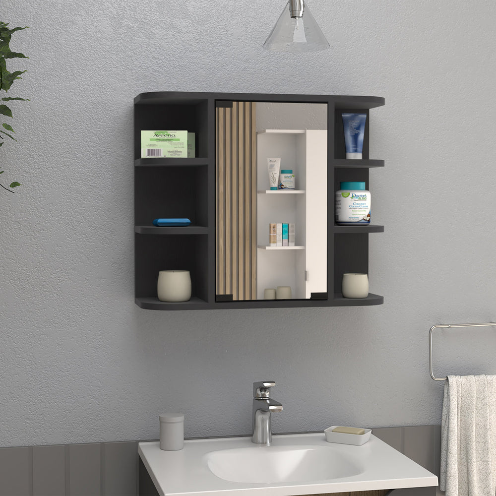 English Elm Medicine Cabinet Milano - Sleek Wall-Mounted Storage With Mirror, 6 Open Shelves & Black Finish B092123009