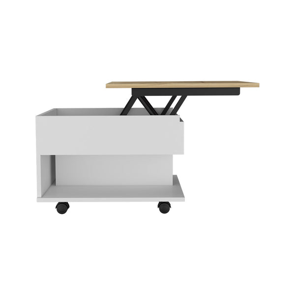 English Elm Lift Top Coffee Table Mercuri with Hidden Storage and Locking Casters, Durable Particleboard Design White + Light Oak B092123050