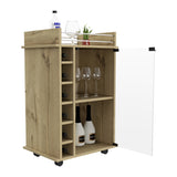 English Elm Bar Cart Baltimore, Two Tier Cabinet With Glass Door, Six Wine Cubbies, Light Oak Finish