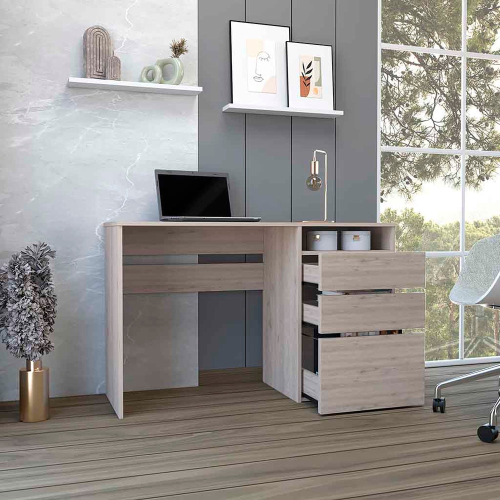 English Elm Computer Desk San Diego - Sleek Light Gray Finish With Storage Drawers And Open Shelf For Home Office B092123069