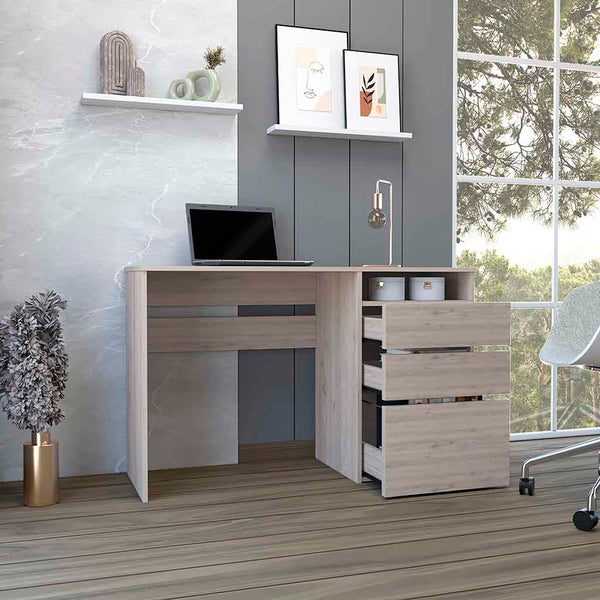 English Elm Computer Desk San Diego - Sleek Light Gray Finish With Storage Drawers And Open Shelf For Home Office B092123069