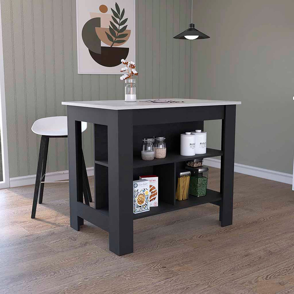 English Elm Kitchen Island Dozza - Modern Black & Ibiza Marble Finish With 3 Shelves For Stylish Storage & Prep B092122907