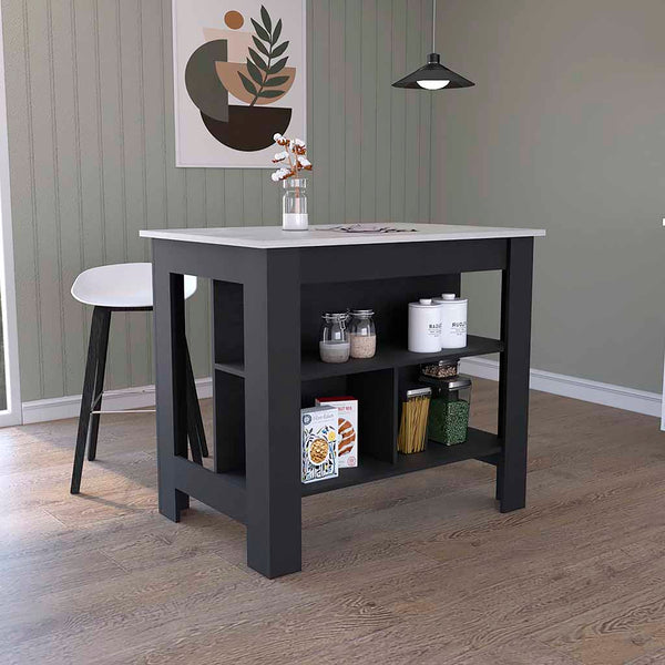 English Elm Kitchen Island Dozza - Modern Black & Ibiza Marble Finish With 3 Shelves For Stylish Storage & Prep B092122907