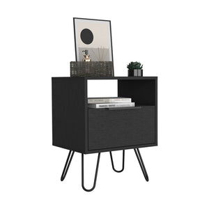 English Elm Nightstand Skyoner - Modern Industrial Design With Single Drawer, Hairpin Legs, Black Wenge Finish B092123075