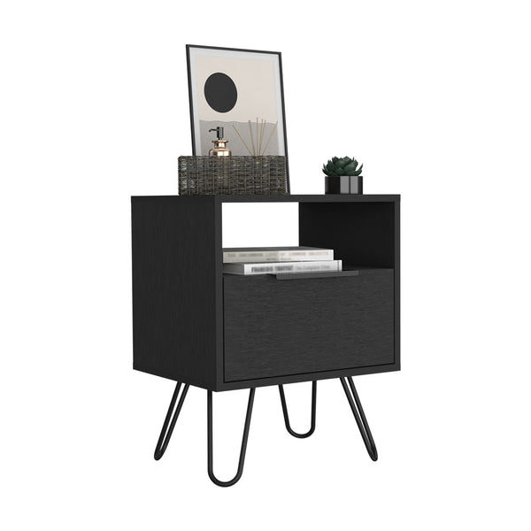 English Elm Nightstand Skyoner - Modern Industrial Design With Single Drawer, Hairpin Legs, Black Wenge Finish B092123075