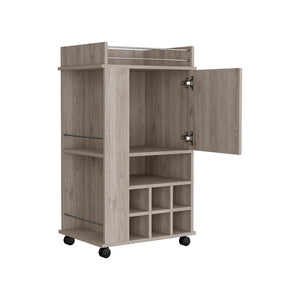 English Elm Bar Cart With Casters Reese, Six Wine Cubbies and Single Door, Light Gray Finish