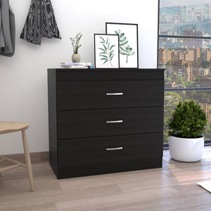 English Elm Three Drawer Dresser Lial with Durable Particle Board, Metal Hardware, Wengue Finish, Sleek Design Black B092122972