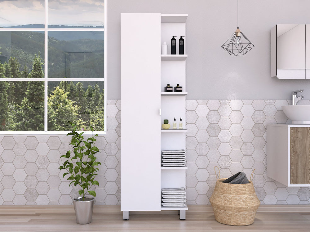 English Elm Corner Cabinet Womppi White Corner Storage Tower with 5 Open Shelves, Single Door & Metal Legs, Durable Finish B092122988