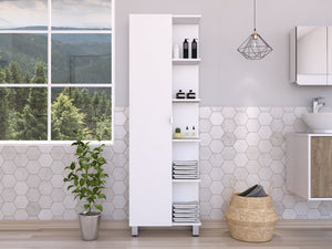 English Elm Corner Cabinet Womppi White Corner Storage Tower with 5 Open Shelves, Single Door & Metal Legs, Durable Finish B092122988