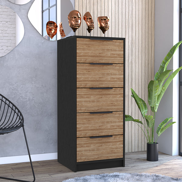 English Elm 5 Drawers Dresser Maryland - Black Wengue & Pine Finish, Sturdy Particle Board, Spacious Storage, 42.4"H B092123000