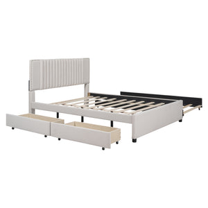 English Elm Queen Upholstered Platform Bed with Classic Headboard, 2 Storage Drawers & Large Twin Trundle for Extra Sleep Space and Durable Slat Support Beige SF000015AAA