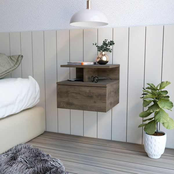 English Elm Floating Nightstand Flopini wall-mounted bedside table with drawer, space-saving shelf, durable design Dark Brown B092123163
