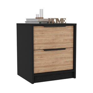 English Elm Nightstand With Two Drawers, Sleek Metal Handles, Black Wengue & Pine Finish For Modern Bedrooms B092123001