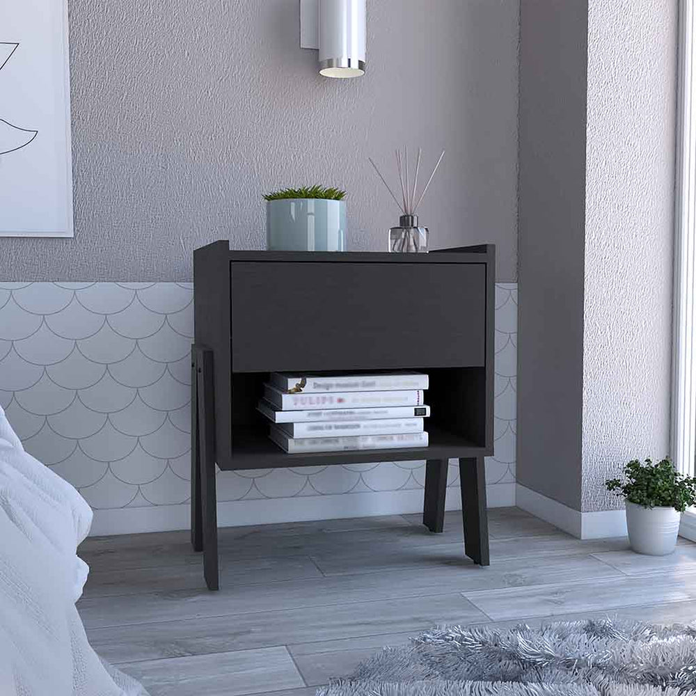 English Elm Nightstand Ferku: Modern Black Wengue Finish With Open Shelf & Smooth-Glide Drawer For Essentials B092122929