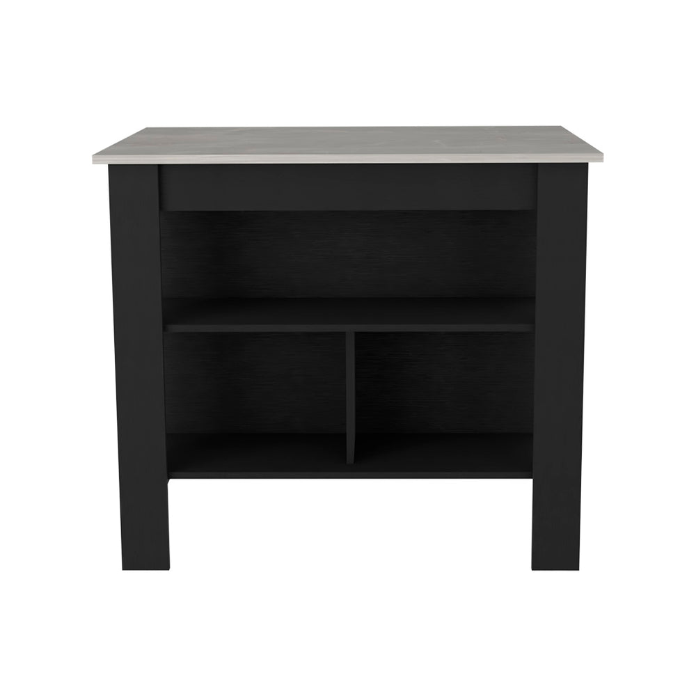 English Elm Kitchen Island Dozza - Modern Black & Ibiza Marble Finish With 3 Shelves For Stylish Storage & Prep B092122907