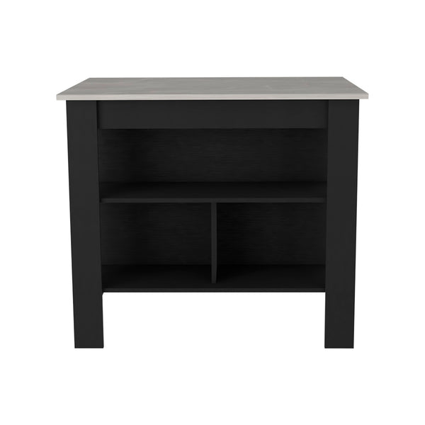 English Elm Kitchen Island Dozza - Modern Black & Ibiza Marble Finish With 3 Shelves For Stylish Storage & Prep B092122907