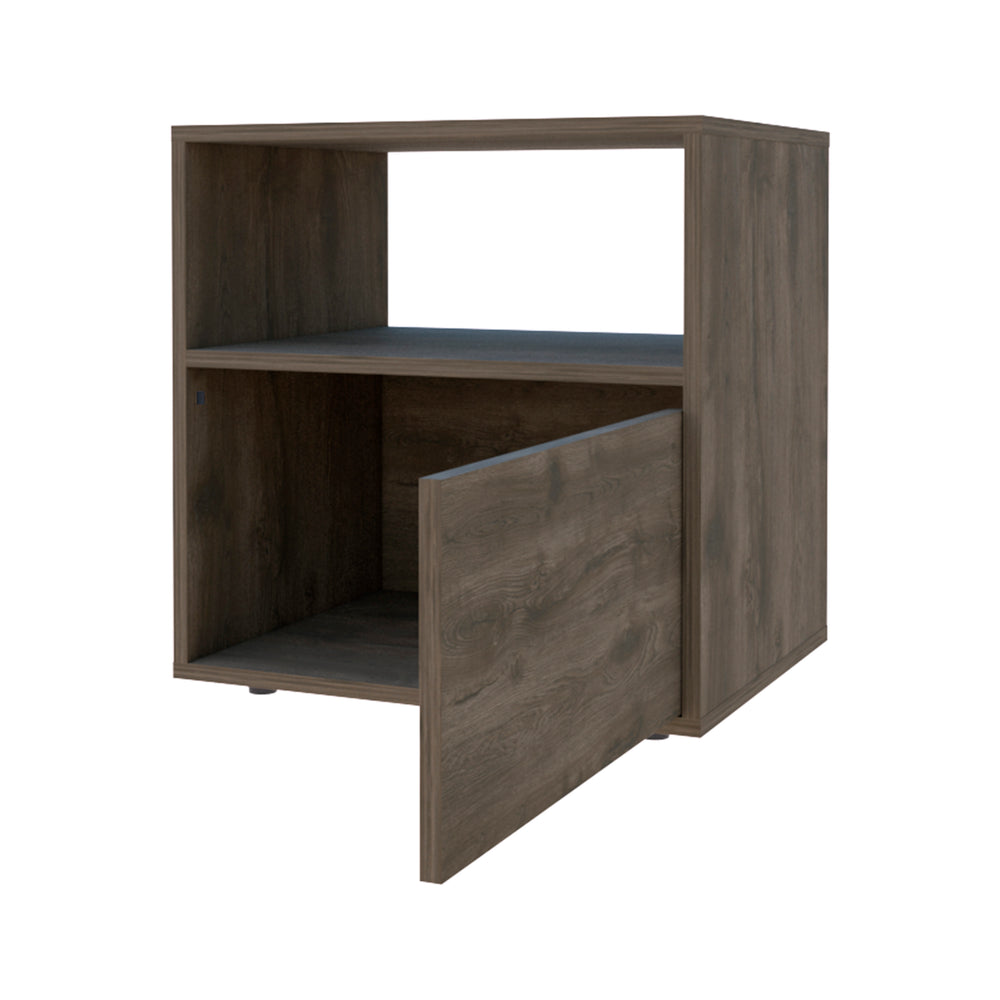 English Elm Nightstand With Open Shelf & Enclosed Cabinet - Modern Dark Brown Wengue Finish For Stylish Storage B092122930
