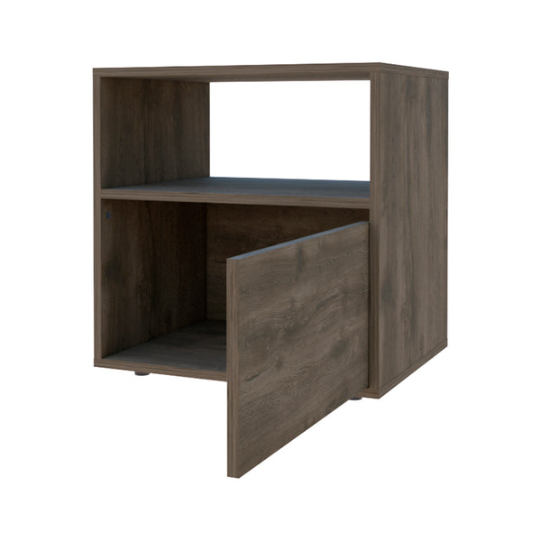 English Elm Nightstand With Open Shelf & Enclosed Cabinet - Modern Dark Brown Wengue Finish For Stylish Storage B092122930