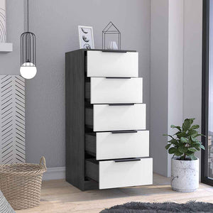 English Elm 5 Drawers Dresser - Modern Smokey Oak & White Storage Solution With Metal Handles For Compact Spaces B092122997