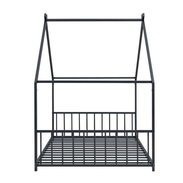 English Elm Twin Metal House Bed with Roof Frame for Kids — Sturdy 350lb Capacity, Playful Semi-Enclosed Design Black MF305886AAB