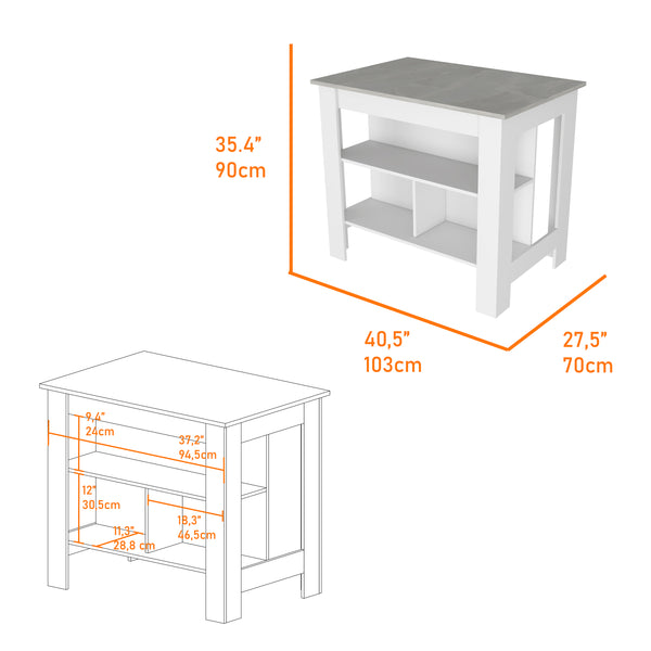 English Elm Kitchen Island Dozza - Stylish White Island With Ibiza Marble Finish And 3 Storage Shelves For Easy Organization B092122910