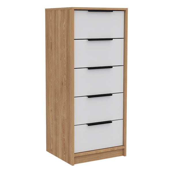 English Elm 5 Drawers Dresser - Stylish White & Pine Storage Solution With Metal Handles For Compact Spaces B092122995