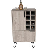 English Elm L Bar Cabinet Silhill, Eight Wine Cubbies, Two Cabinets With Single Door, Light Gray Finish