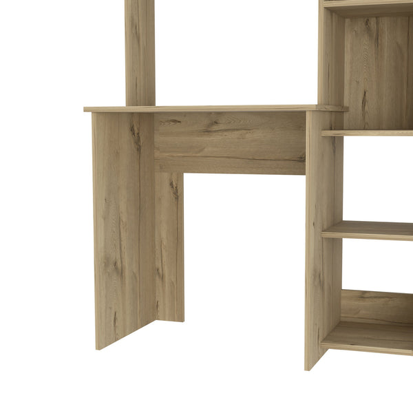 English Elm Desk Logan Light Oak Finish with Five Cubbies, Durable Particle Board Desk with Monitor Space and Shelves B092123016