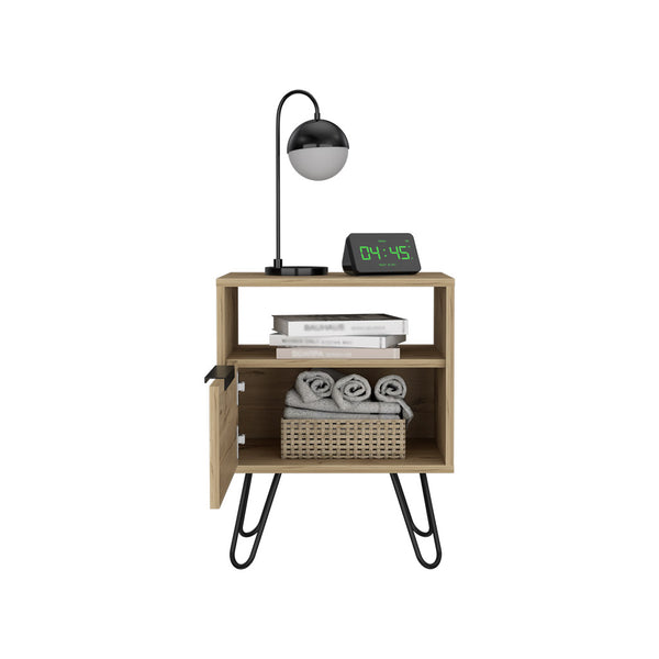 English Elm Nightstand Skyoner - Mid-Century Modern Design With Light Oak Finish, Hairpin Legs & Ample Storage B092123076