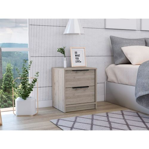 English Elm Nightstand Cervants - Modern Light Gray Two-Drawer Storage With Metal Handles For Compact Spaces B092123002