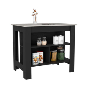 English Elm Kitchen Island Dozza - Modern Black & Ibiza Marble Finish With 3 Shelves For Stylish Storage & Prep B092122907