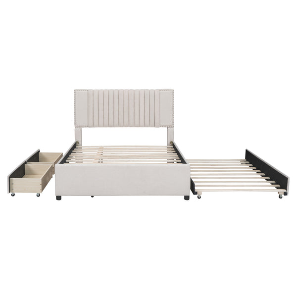 English Elm Full Upholstered Platform Bed with Two Drawers and Twin Trundle, Classic Padded Headboard, Storage-Friendly Design for Small Bedrooms and Guests Beige SF000014AAA
