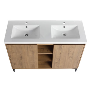 English Elm 48" Freestanding Bathroom Vanity Double Sink with Soft-Close Doors, Resin Twin Basins, Water-Resist Ply W999S00104