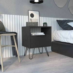 English Elm Nightstand Skyoner - Modern Industrial Design With Single Drawer, Hairpin Legs, Black Wenge Finish B092123075