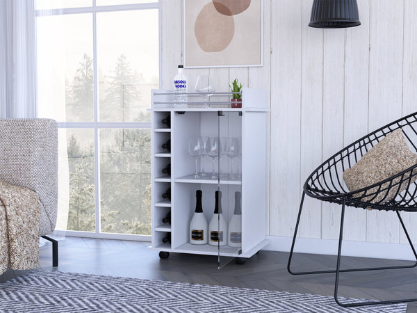 English Elm Bar Cart Baltimore Two-Tier Rolling Cabinet with Glass Door, Six Wine Cubbies & Metal Rail Top White B092123058