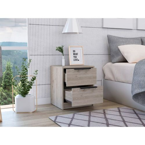 English Elm Nightstand Cervants - Modern Light Gray Two-Drawer Storage With Metal Handles For Compact Spaces B092123002
