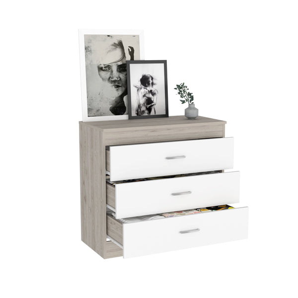 English Elm Three Drawer Dresser Lial with Durable Particle Board, Metal Hardware, Wengue Finish, Sleek Design Light Gray B092122973